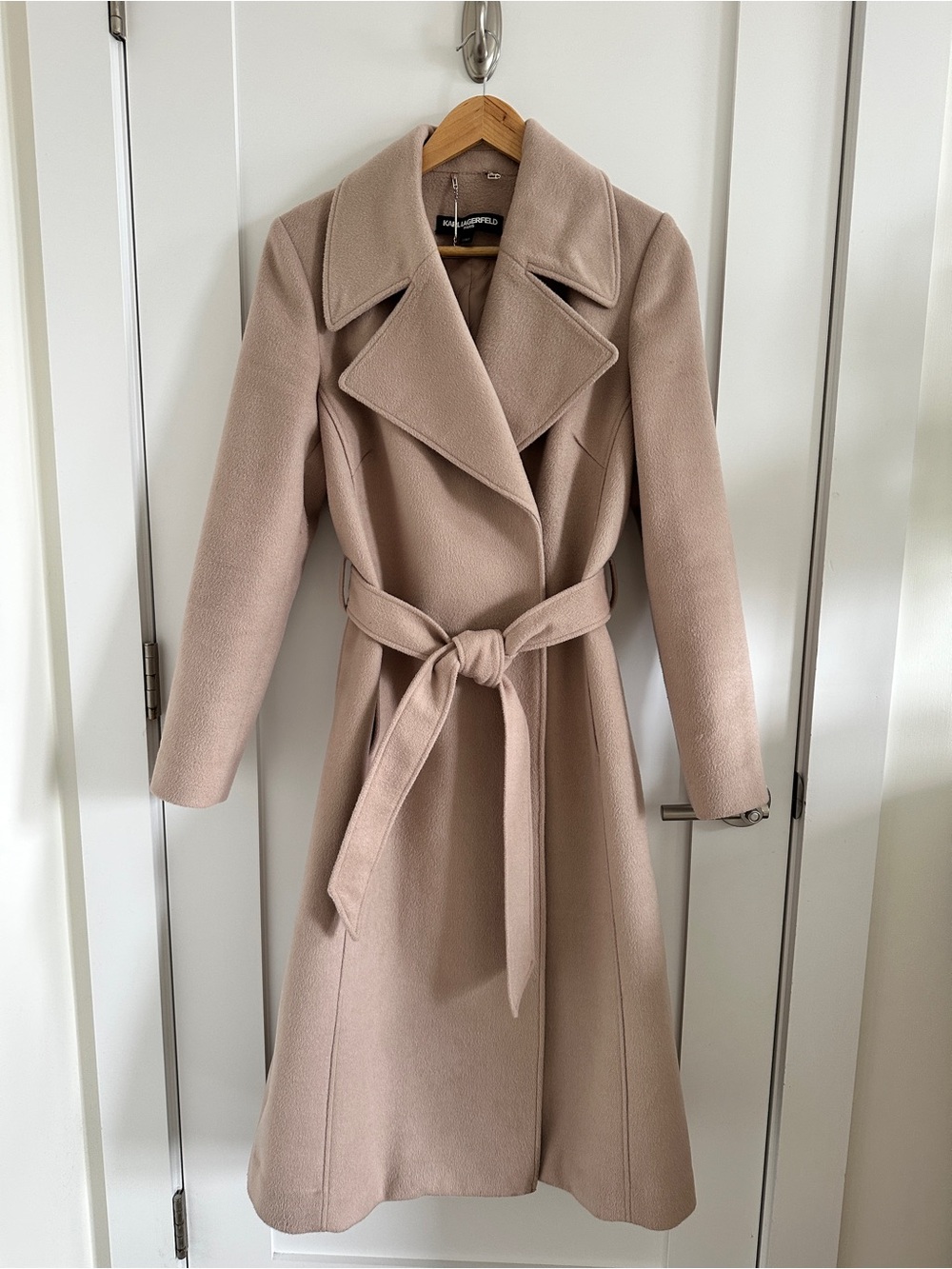 Karl Lagerfeld Beige Wool-Blend Coat with Silver Chain Detail
